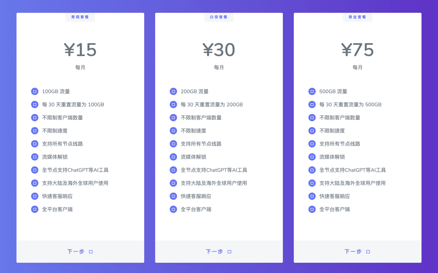 FlyingBird 官網月費方案畫面：15、30、75 元人民幣三種